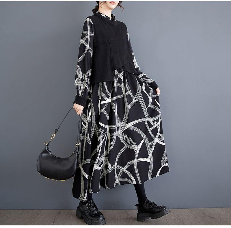 Long-Sleeve Stand Collar Mock Two-Piece Print Frill Trim Midi Tunic Dress Product Image