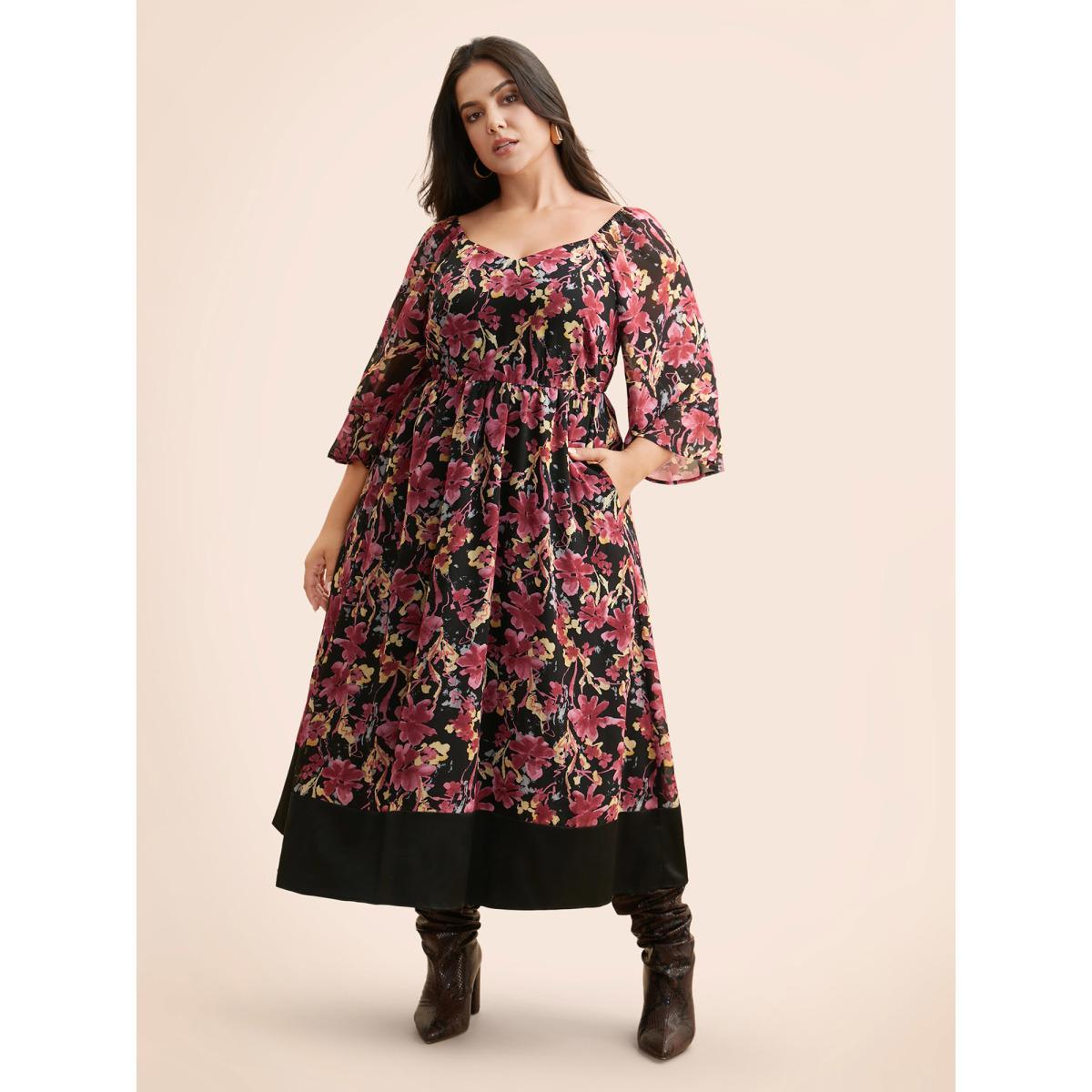 Plus Size Heart Neckline Floral Mesh Patchwork Dress Black Women Elegant See through Heart neckline Elbow-length sleeve Curvy BloomChic 26/4X Product Image