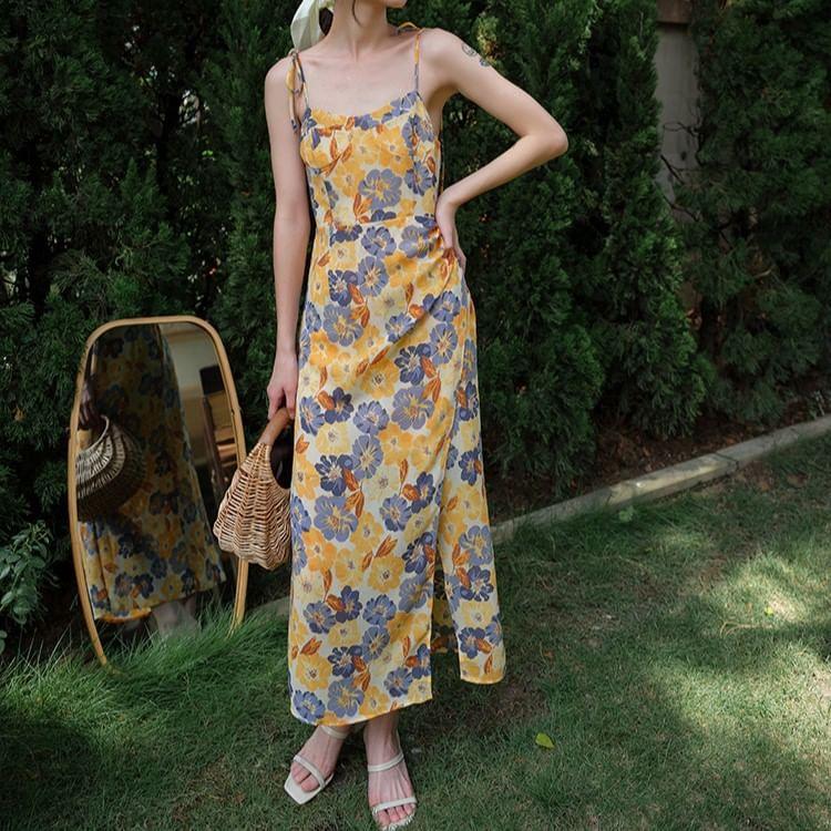 Tie Shoulder Floral Print Slit Maxi A-Line Dress Product Image