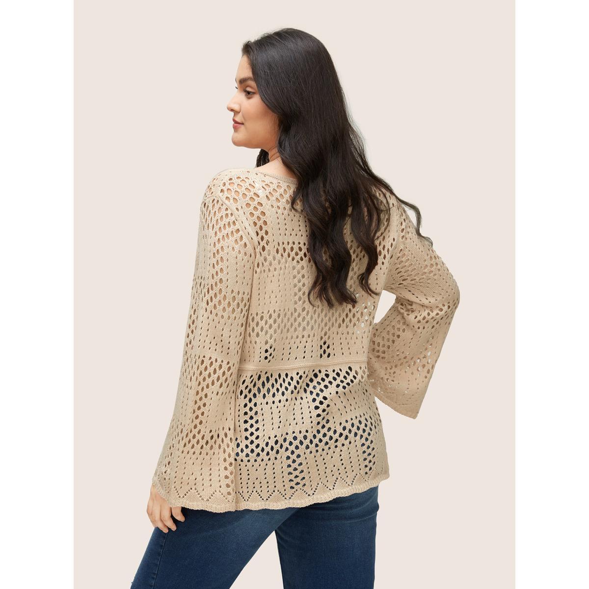Plus Size Plain Cable Knit Scoop Neck Bell Sleeve Pullover Apricot Women Casual Long Sleeve Scoop Neck Everyday Pullovers BloomChic 14-16/1X Product Image