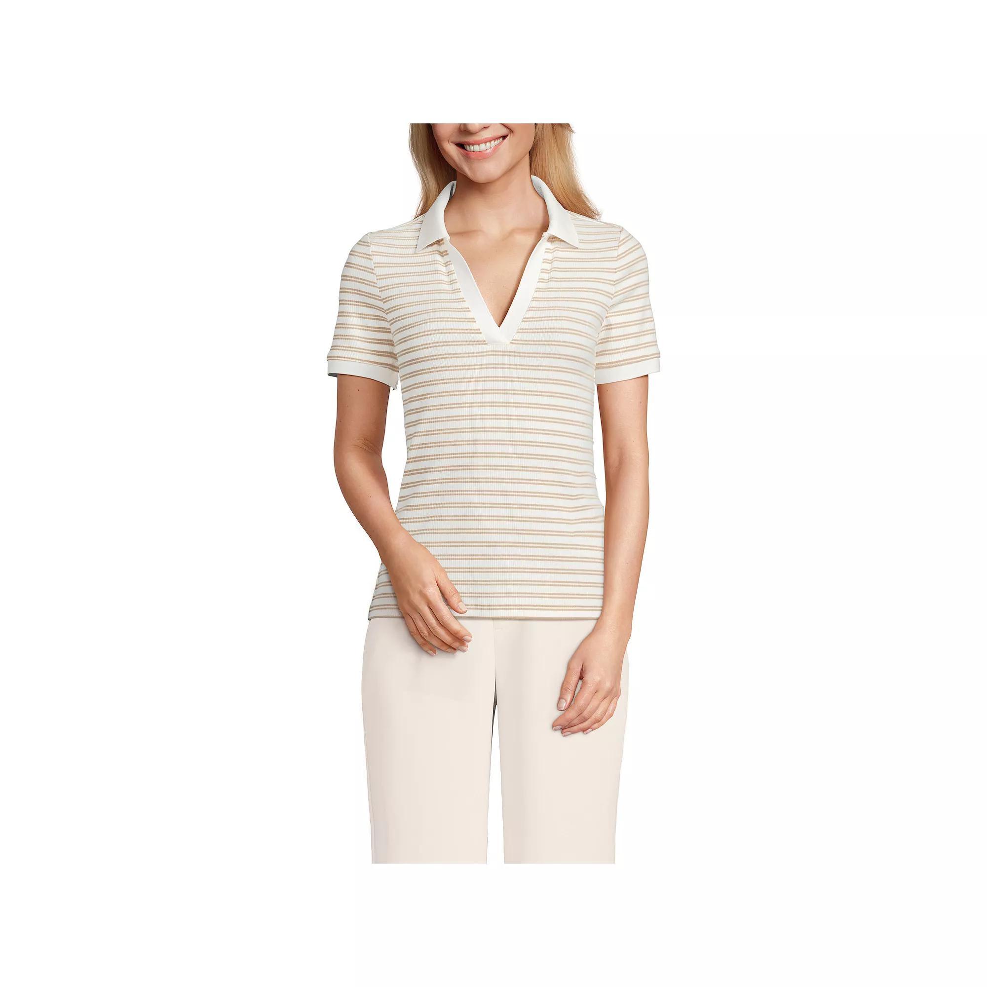 Petite Lands' End Short Sleeve Polished Rib Polo, Women's, Size: XS Petite, Ivory Vibrant Green Product Image