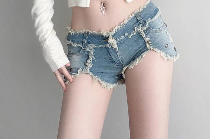 Low Waist Distressed Washed Denim Shorts Product Image