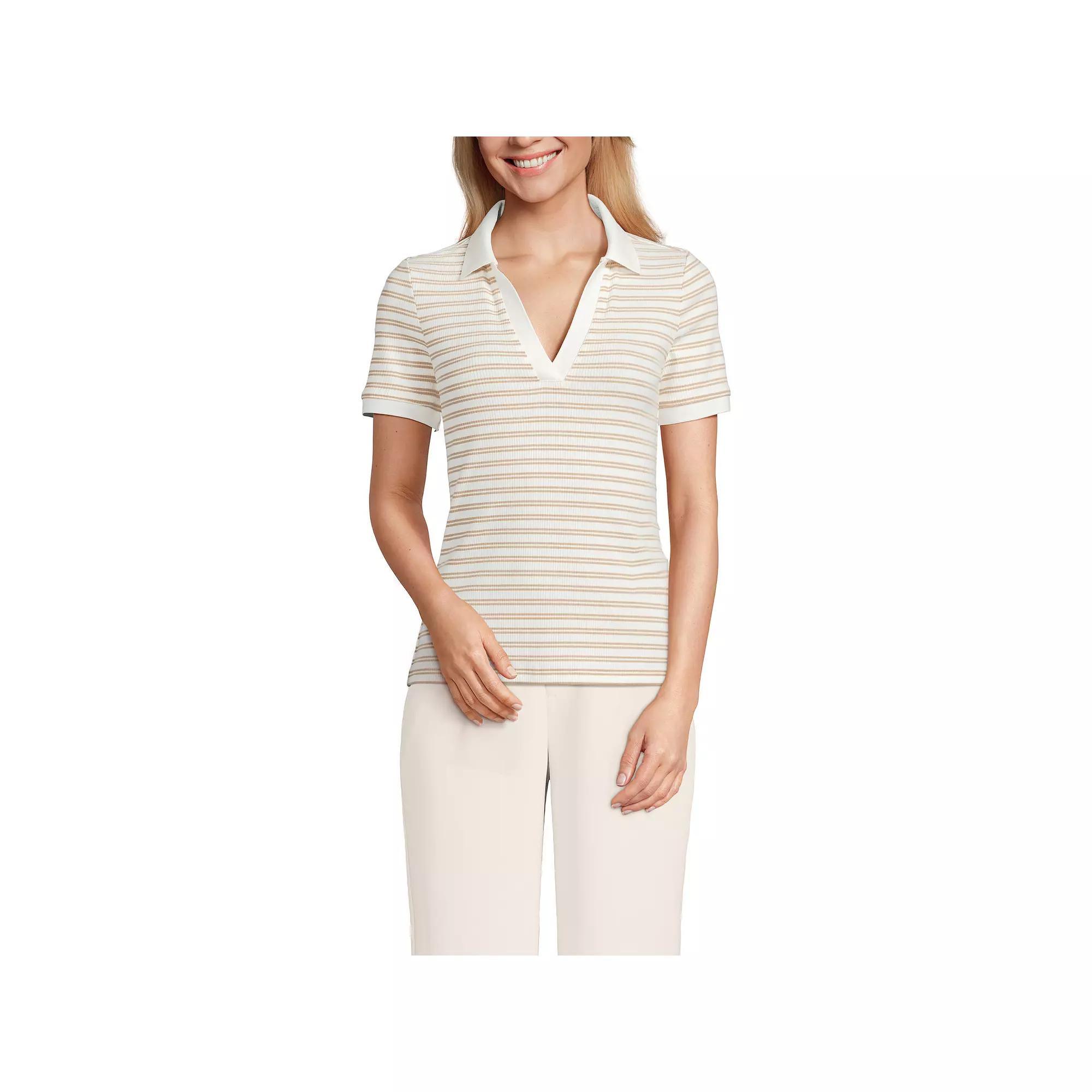 Petite Lands' End Short Sleeve Polished Rib Polo, Women's, Size: XS Petite, Ivory Vibrant Green Product Image