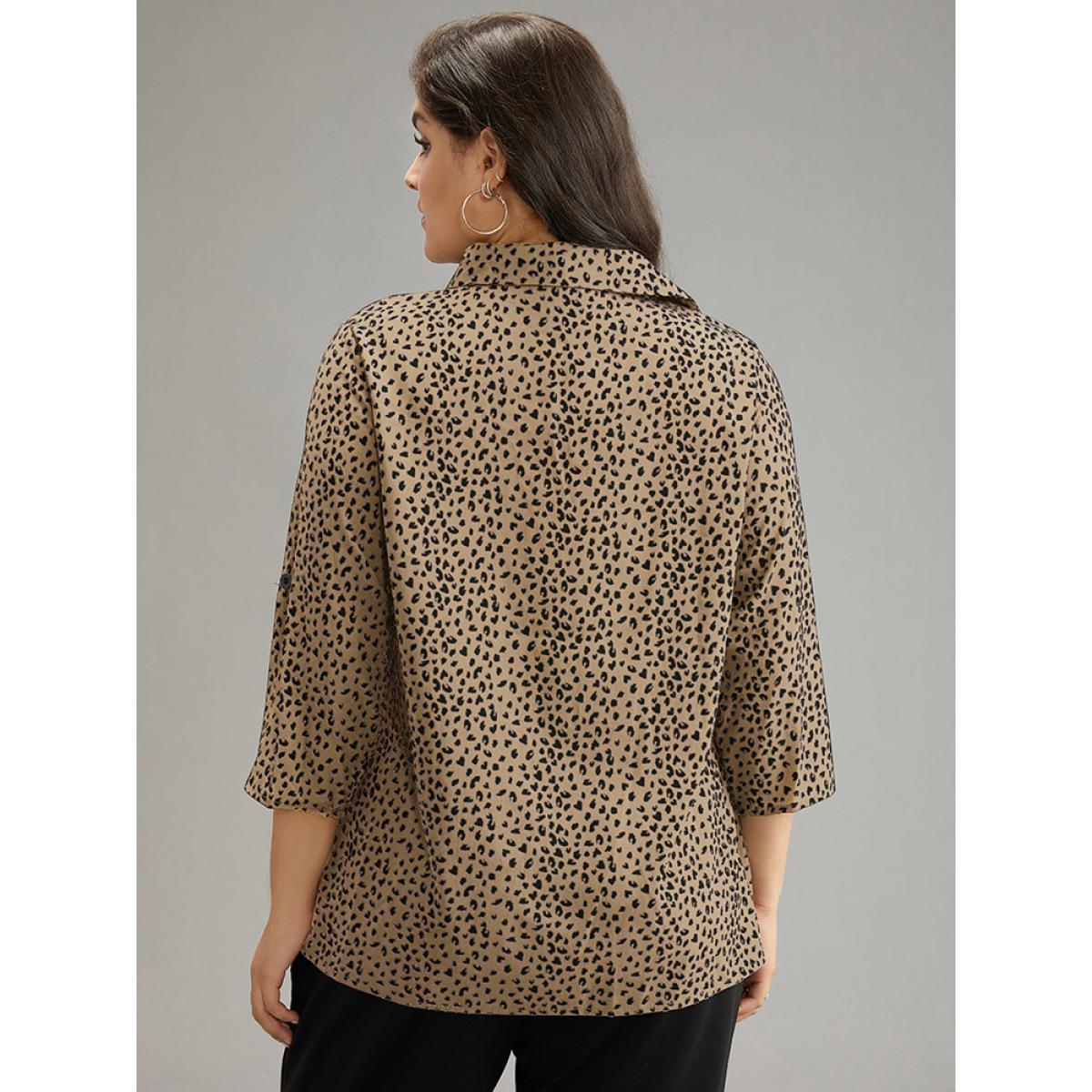 Plus Size Apricot Leopard Print Shirt Collar Button Through Blouse Women Office Elbow-length sleeve Shirt collar Work Blouses BloomChic 12/L Product Image