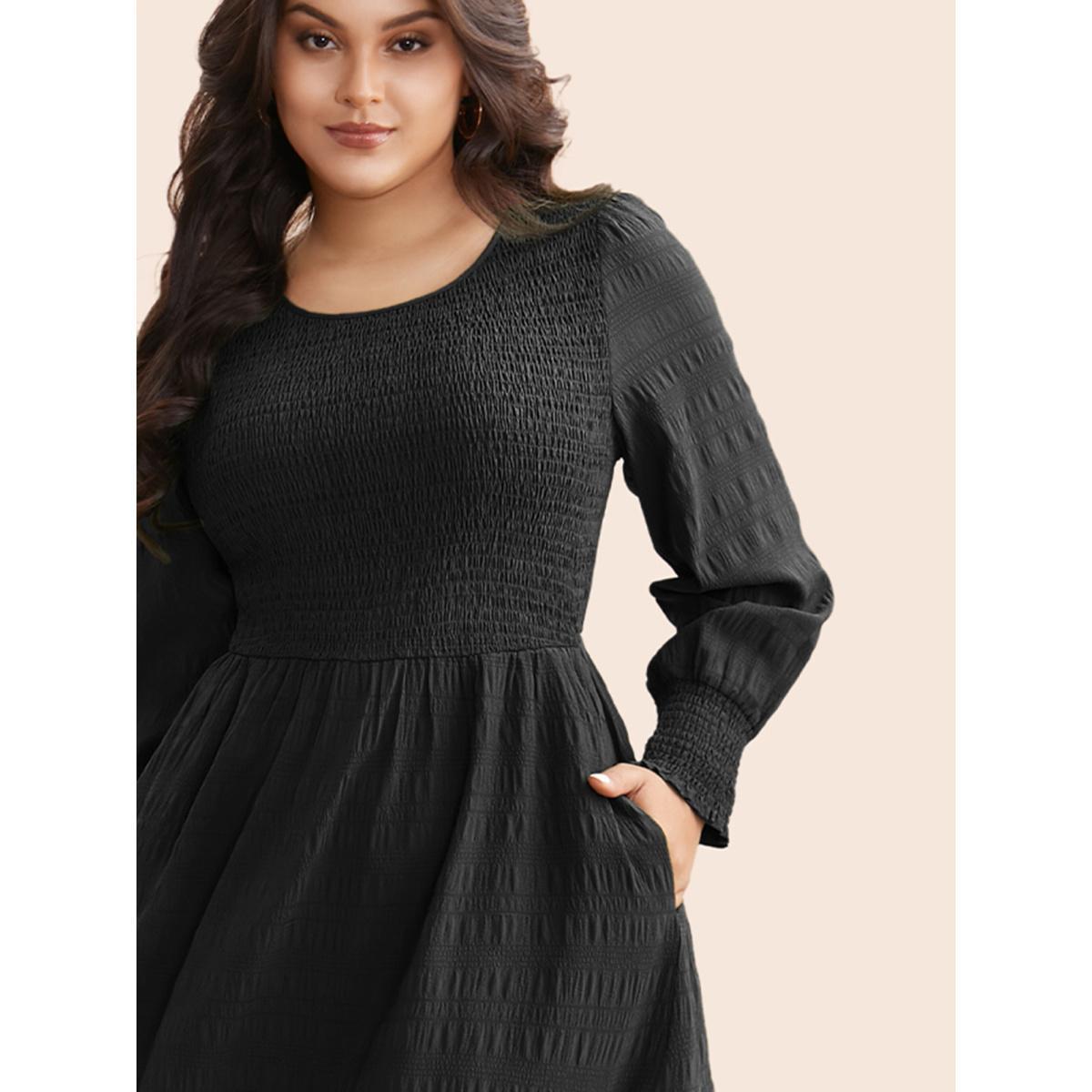 Plus Size Plain Textured Shirred Midi Dress Black Women Elegant Texture Round Neck Long Sleeve Curvy BloomChic 14-16/1X Product Image