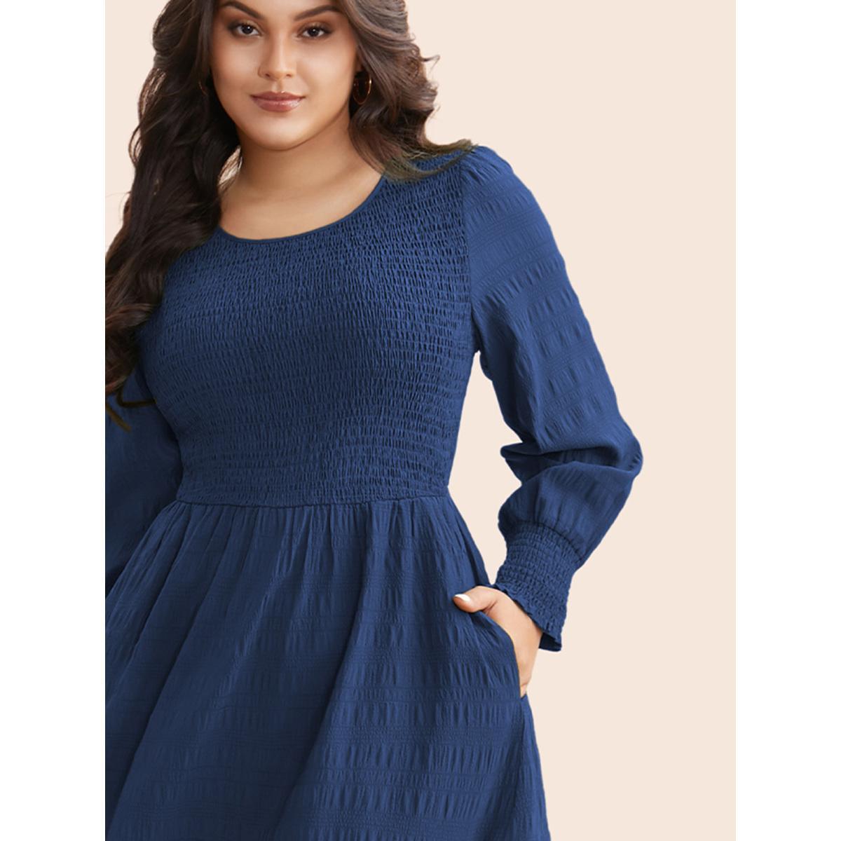 Plus Size Plain Textured Shirred Midi Dress DarkBlue Women Elegant Texture Round Neck Long Sleeve Curvy BloomChic 22-24/3X Product Image