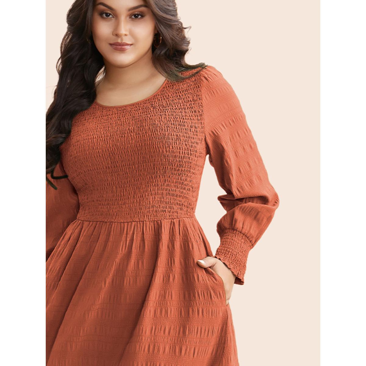 Plus Size Plain Textured Shirred Midi Dress Rust Women Elegant Texture Round Neck Long Sleeve Curvy BloomChic 28/5X Product Image