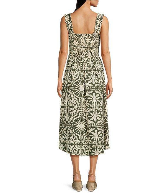 Charlie B. Floral Print Square Neck Shirring Sleeveless Midi A-Line Dress Product Image