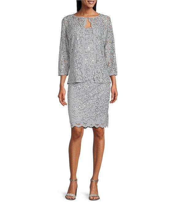 Marina Scalloped Glitter Lace Scoop Neck 3/4 Sleeve 2-Piece Jacket Dress Product Image