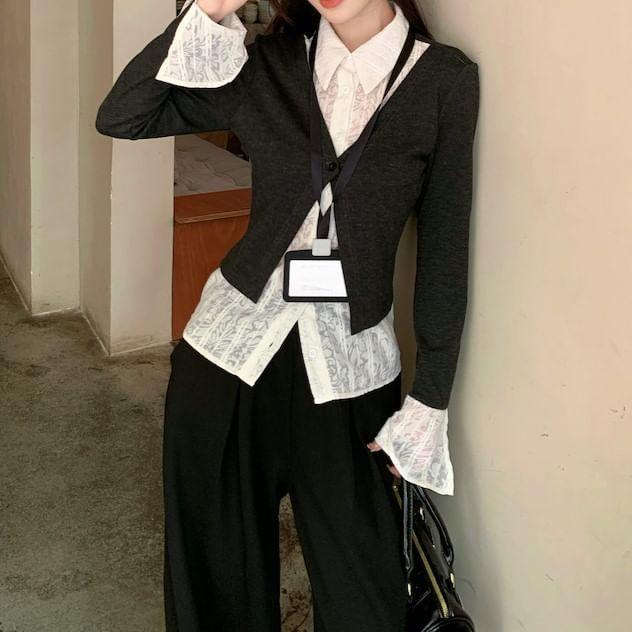 Mock Two-Piece Long-Sleeve Two Tone Slim Fit Shirt / High Waist Plain Wide Leg Pants Product Image