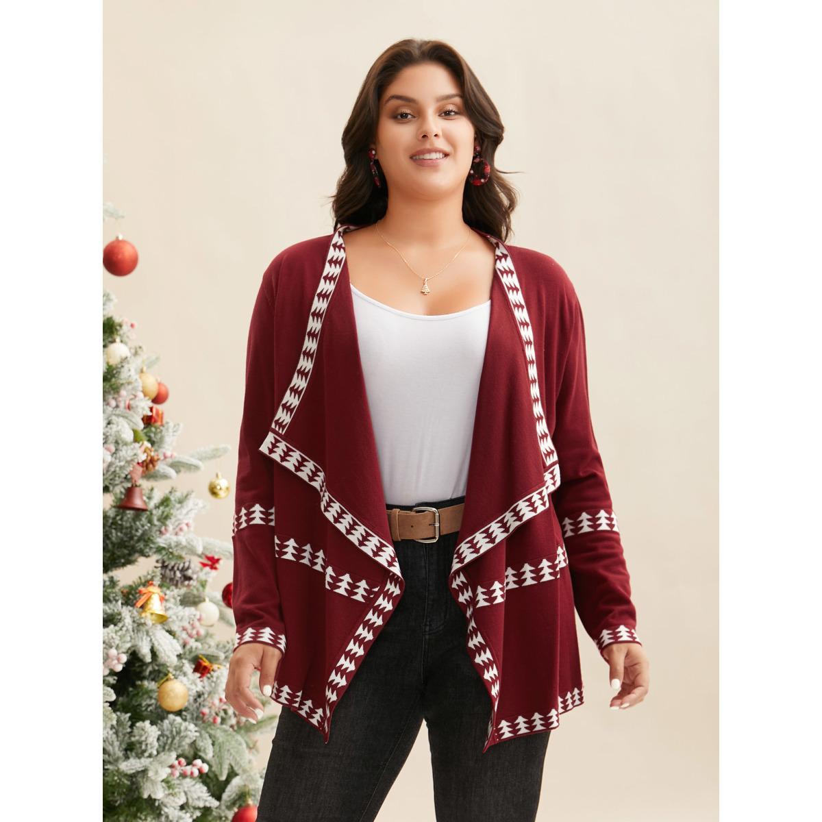 Plus Size Holiday Pattern Hem Lapel Collar Knit Cardigan Burgundy Women Casual Loose Long Sleeve Everyday Cardigans BloomChic 22-24/3X Product Image