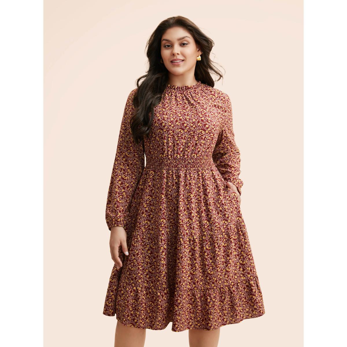 Plus Size Ditsy Floral Shirred Frill Trim Dress Burgundy Women Elegant Frill Trim Mock Neck Long Sleeve Curvy BloomChic 18-20/2X Product Image