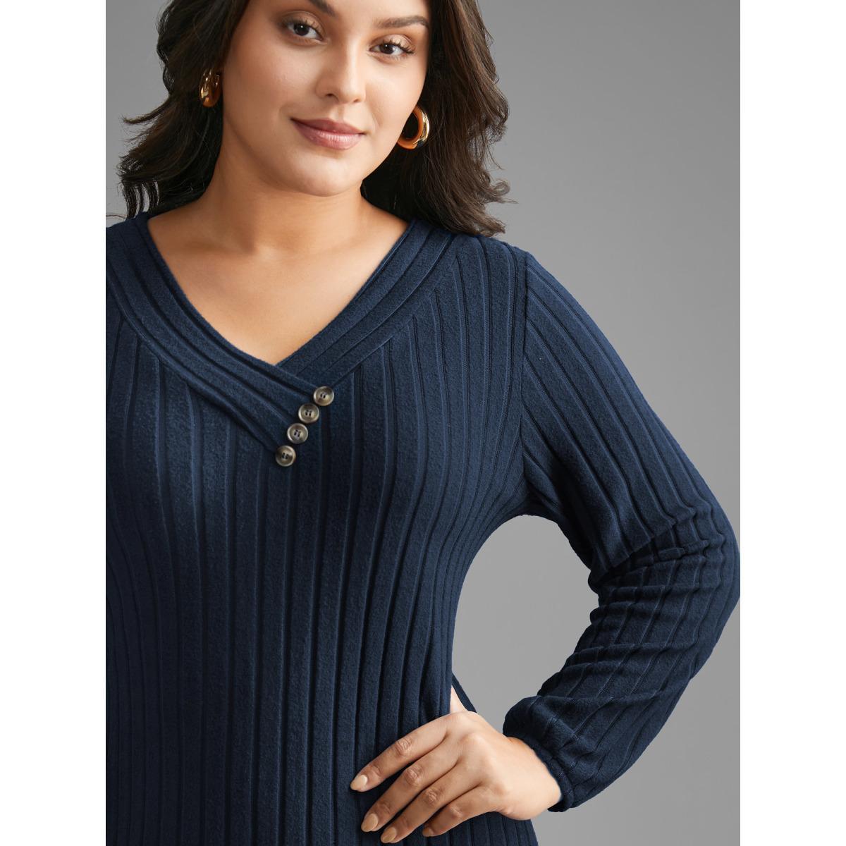 Plus Size Plain Rib Knit Button Detail Dress DarkBlue Women Casual Texture Knit Dresses Bloomchic 12/L Product Image