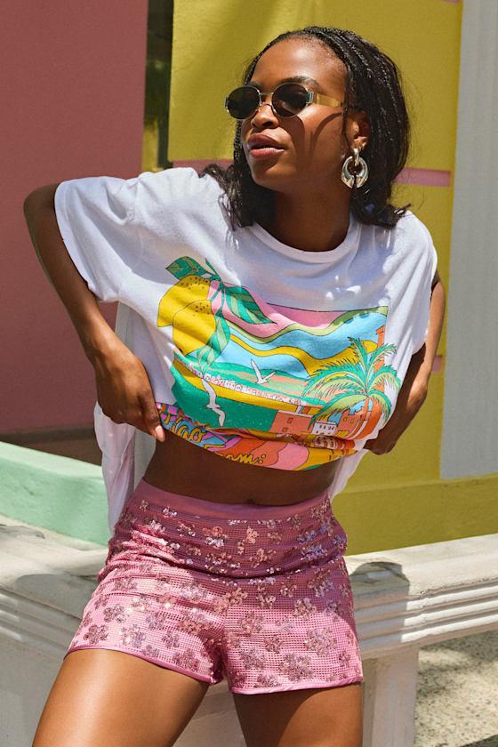 Sandrea Pink Sequin High-Rise Micro Shorts Product Image