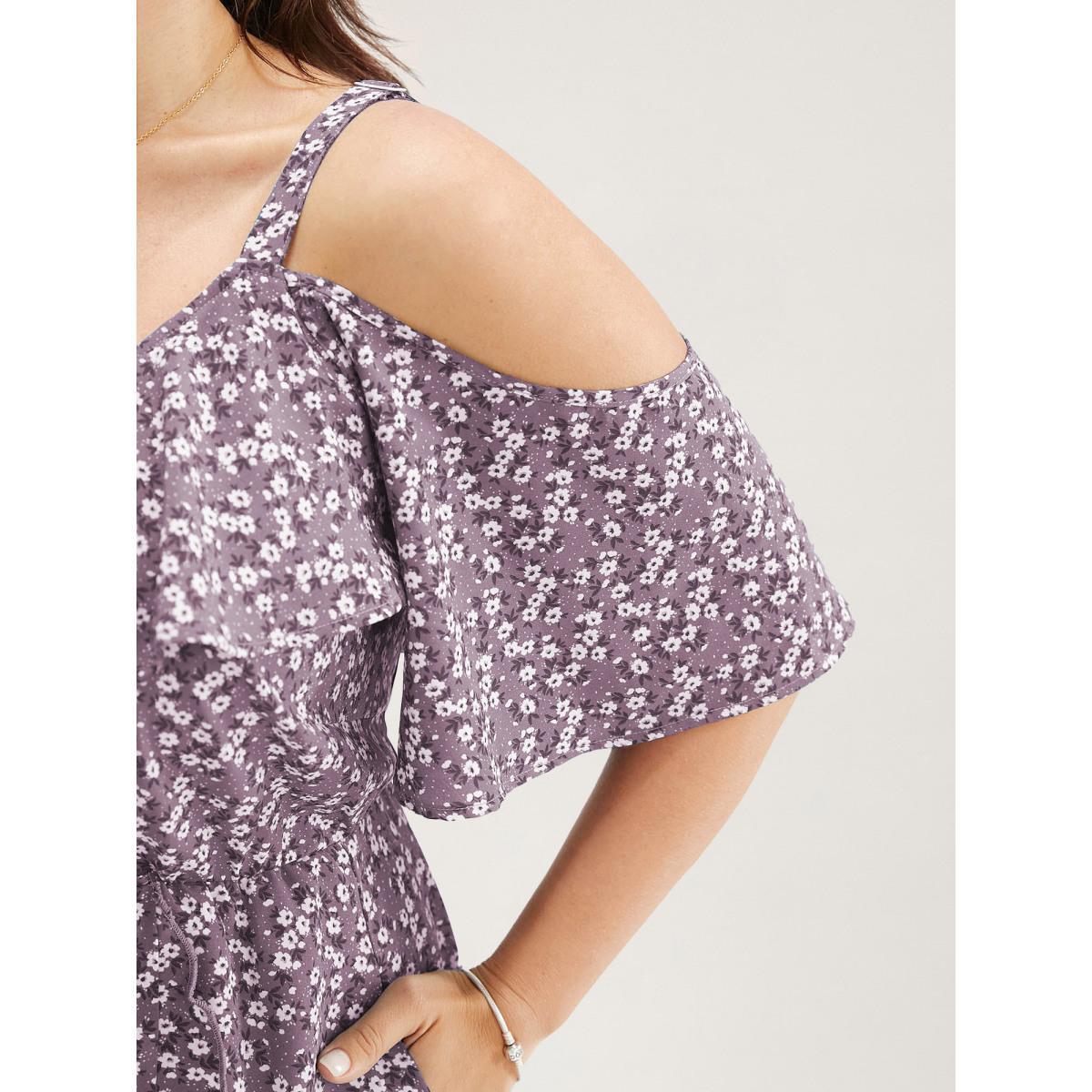 Plus Size Ditsy Floral Pocket Wrap Cold Shoulder Ruffle Dress Mauve Women Elegant Non Overlap Collar Short sleeve Curvy Midi Dress BloomChic 14-16/1X Product Image