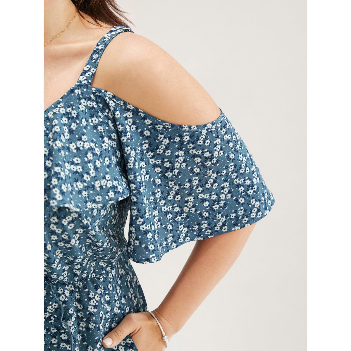 Plus Size Ditsy Floral Pocket Wrap Cold Shoulder Ruffle Dress Stone Women Elegant Non Overlap Collar Short sleeve Curvy Midi Dress BloomChic 10/M Product Image