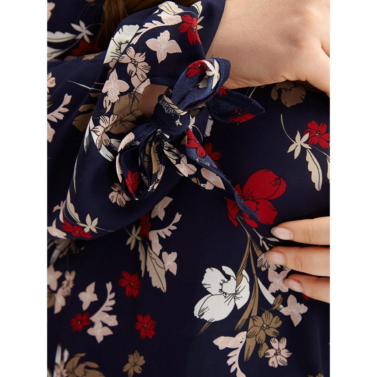 Plus Size Indigo Floral V Neck Wrap Twist Sleeve Blouse Women Elegant Long Sleeve V-neck Dailywear Blouses BloomChic 10/M Product Image