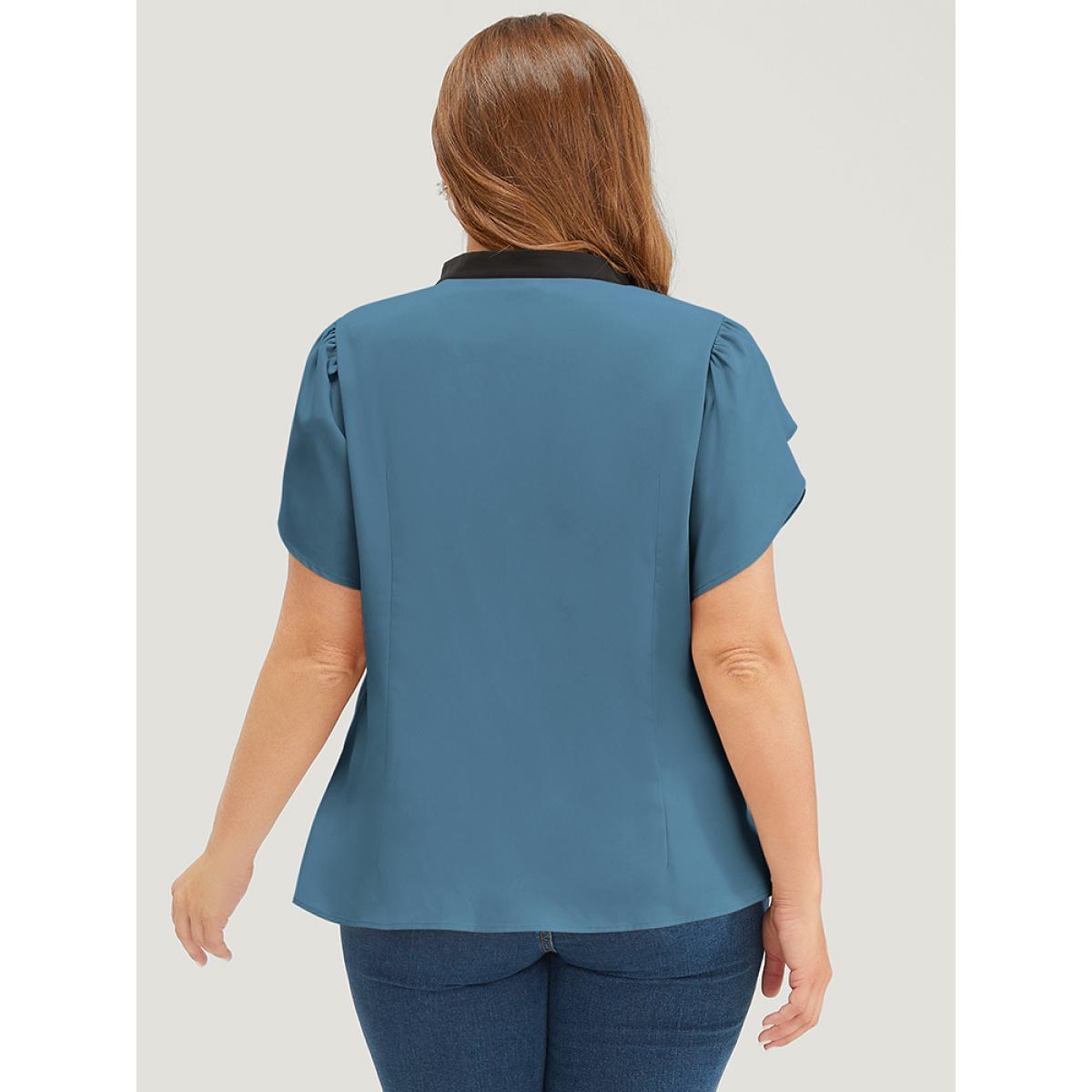 Plus Size Cerulean Plain Contrast Trim Split Petal Sleeve Blouse Women Office Short sleeve Stand-up collar Dailywear Blouses BloomChic 12/L Product Image