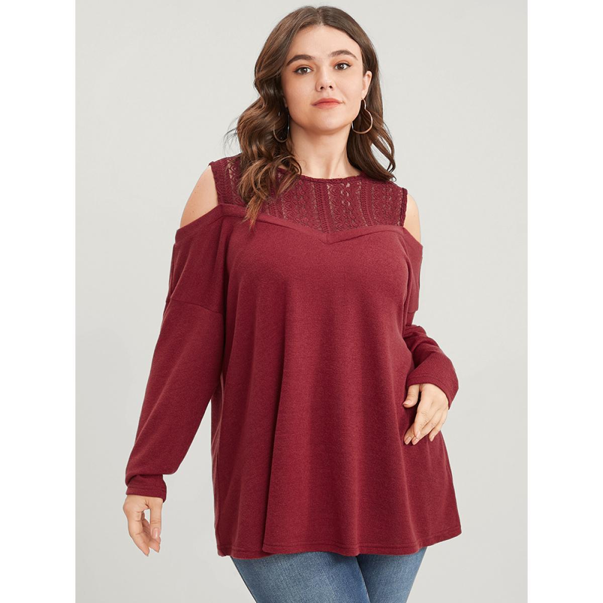 Plus Size Solid Lace Mesh Cold Shoulder Sweatshirt Women Burgundy Elegant See through Round Neck Dailywear Sweatshirts BloomChic 30/6X Product Image