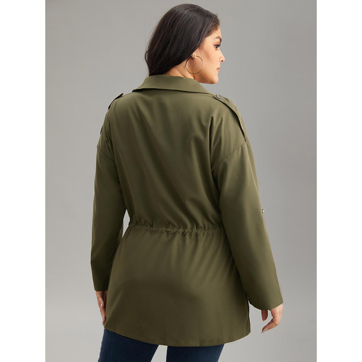 Plus Size Solid Zipper Drawstring Tab Sleeve Trench Coat Women ArmyGreen Casual Plain Ladies Dailywear Winter Coats BloomChic 18-20/2X Product Image