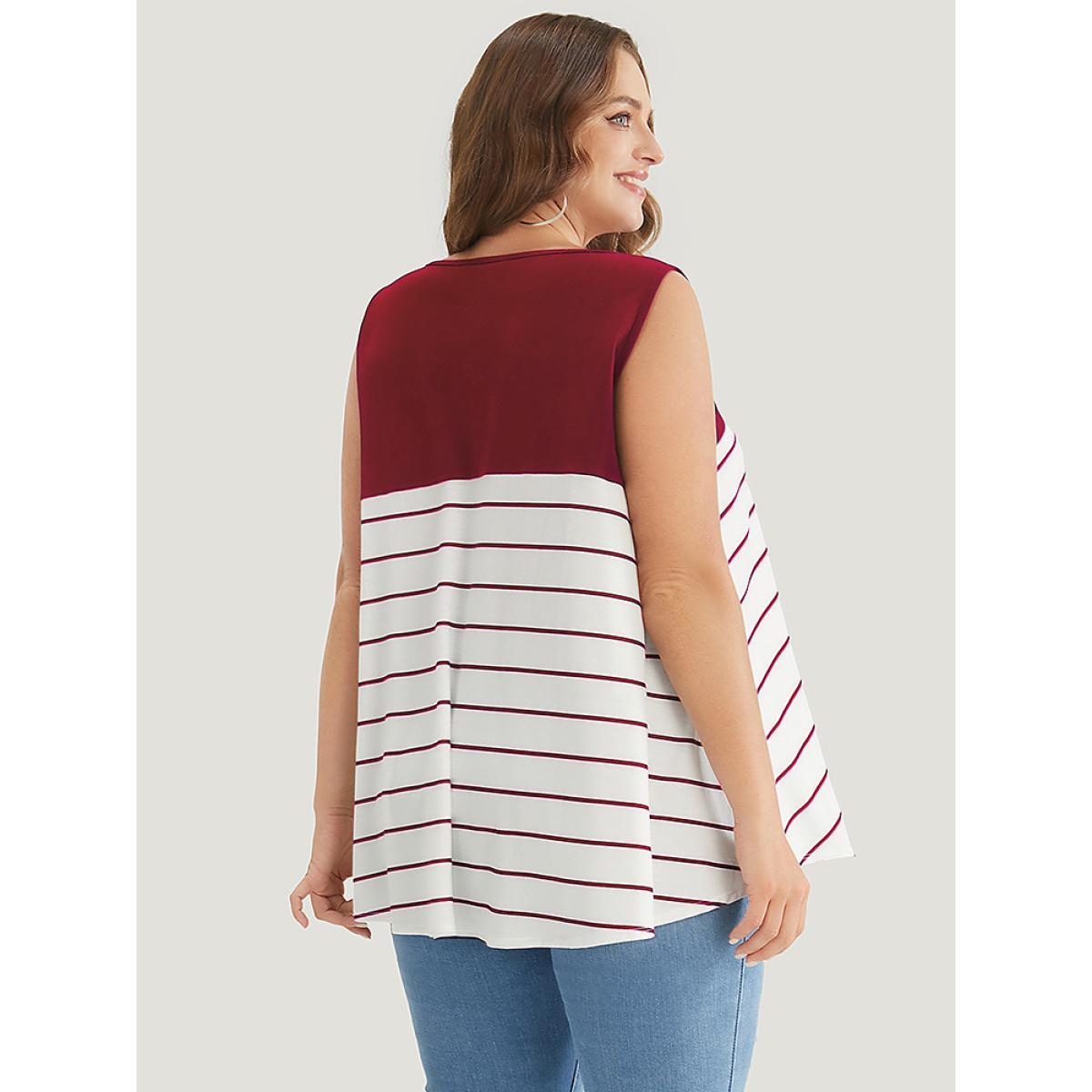 Plus Size Striped Patchwork Pocket Tank Top Women Burgundy Casual Round Neck Dailywear Tank Tops Camis BloomChic 30/6X Product Image