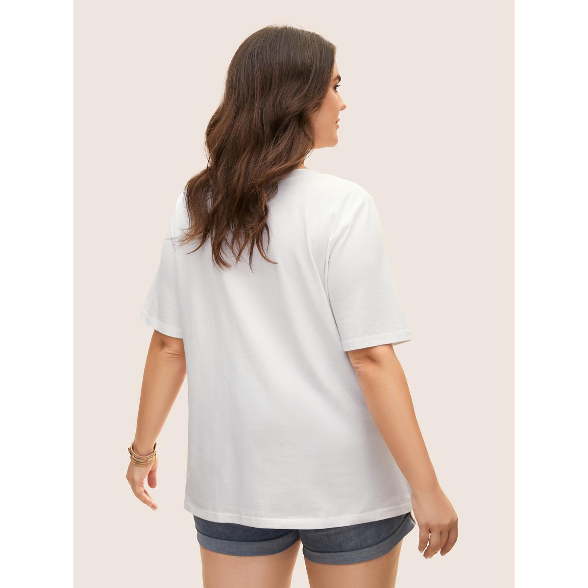 Plus Size Cotton Vacation Tropical Print Round Neck T-shirt Originalwhite Women Resort Contrast Tropical Round Neck Vacation T-shirts BloomChic 22-24/3X Product Image