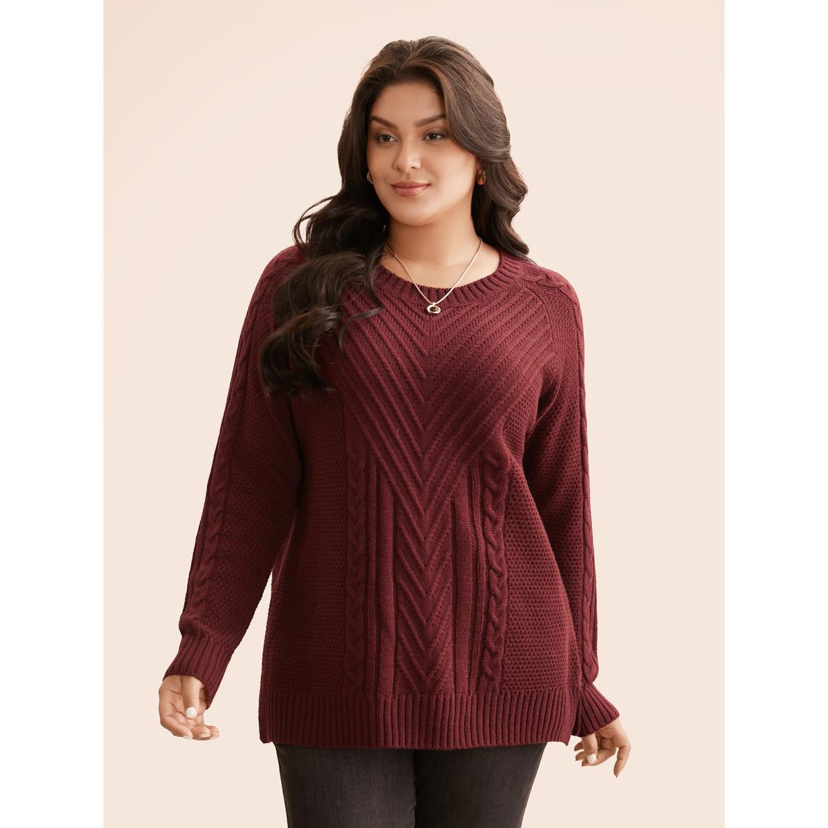 Plus Size Texture Cable Knit Raglan Sleeve Pullover Scarlet Women Casual Loose Long Sleeve Round Neck Everyday Pullovers BloomChic 30/6X Product Image