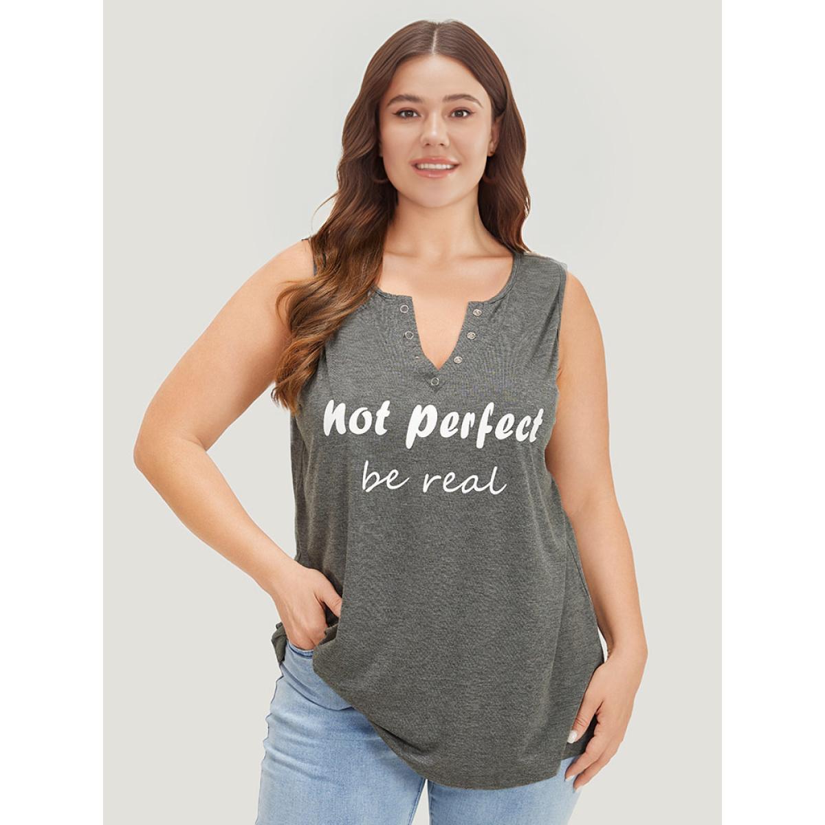 Plus Size Letter Print Button Notched Tank Top Women DarkGray Casual Printed Dailywear Tank Tops Camis BloomChic 28/5X Product Image