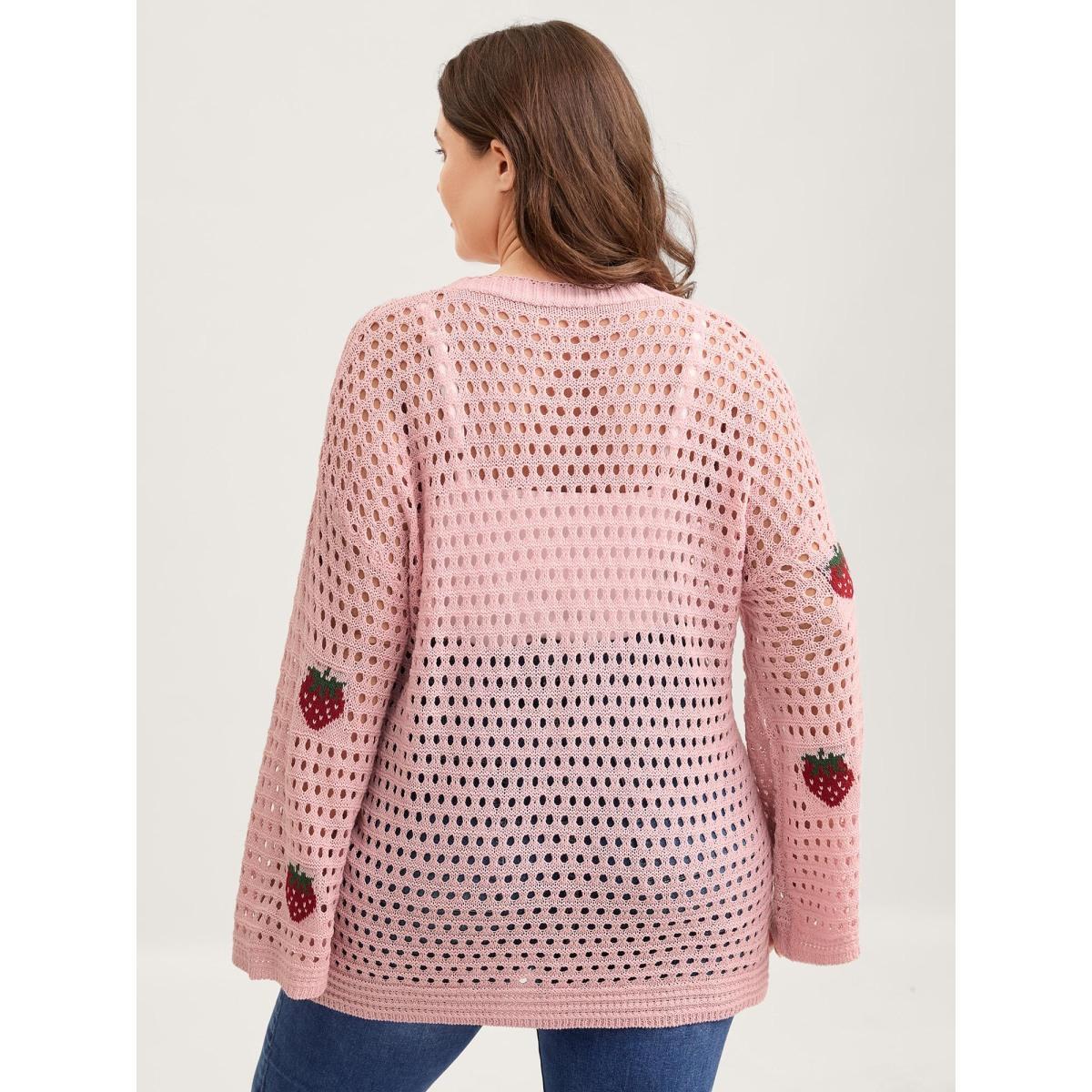 Plus Size Strawberry Jacquard Embroidery Tie Knit Cardigan Nudepink Women Loose Long Sleeve Everyday-Casual Cardigans BloomChic 22-24/3X Product Image