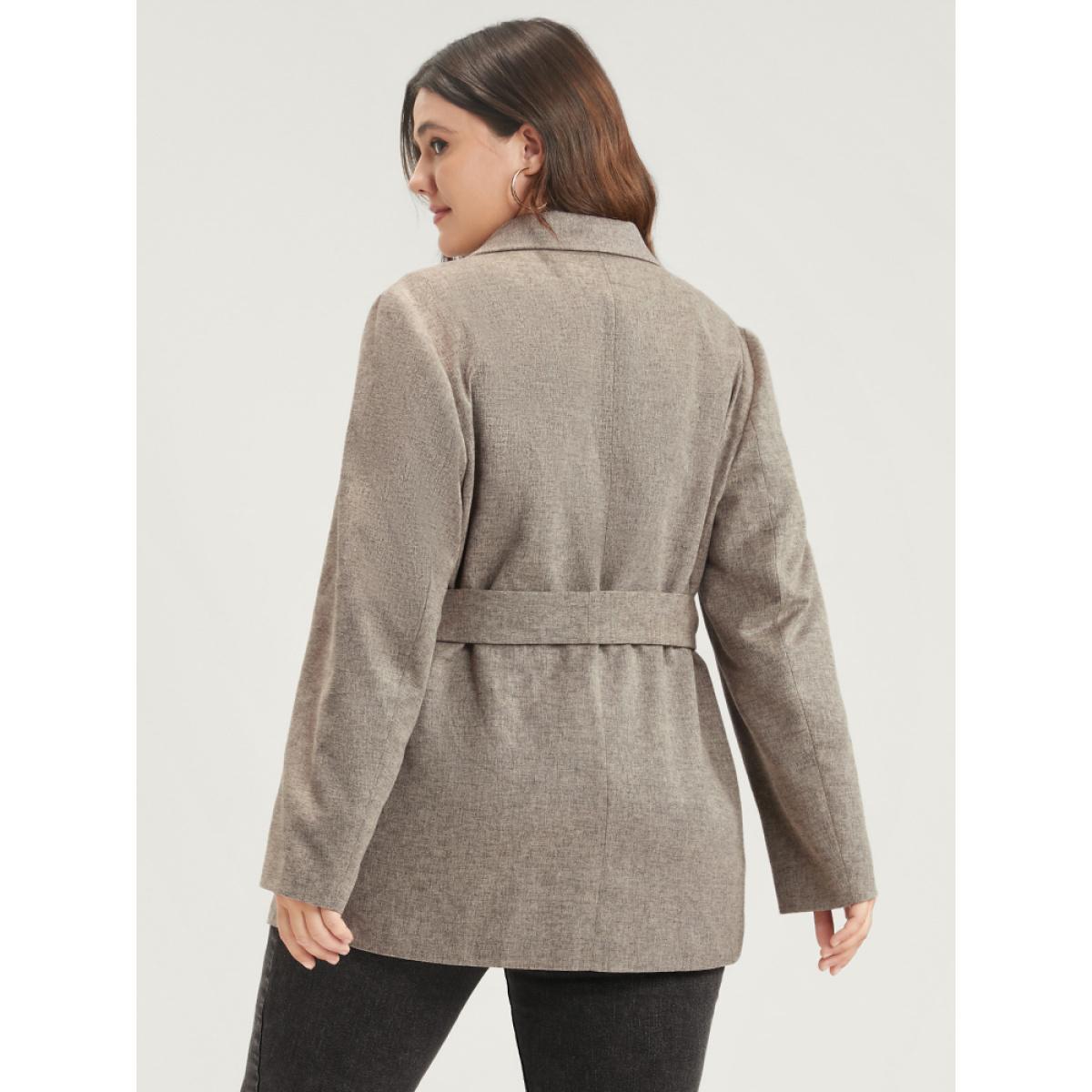 Plus Size Solid Button Suit Collar Belted Flap Pocket Blazer LightGray Women Work Plain Sleeve Long Sleeve Suit Collar 18-20/2X Pocket Belt Office Blazers BloomChic Product Image