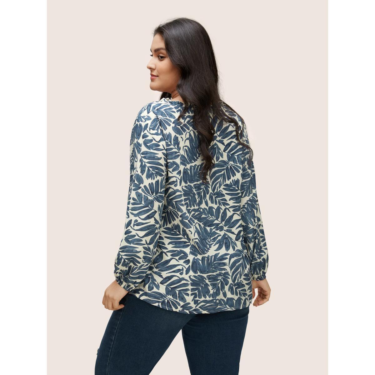Plus Size Apricot Plants Tassel Trim Tie Neck Rayon Blouse Women Resort Long Sleeve Notched collar Vacation Blouses BloomChic 22-24/3X Product Image