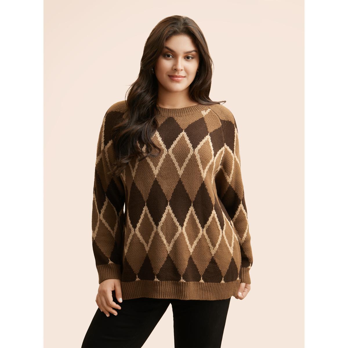 Plus Size Plaid Crew Neck Raglan Sleeve Cardigan Browncoffeecolor Women Casual Loose Long Sleeve Round Neck Everyday Pullovers BloomChic 22-24/3X Product Image