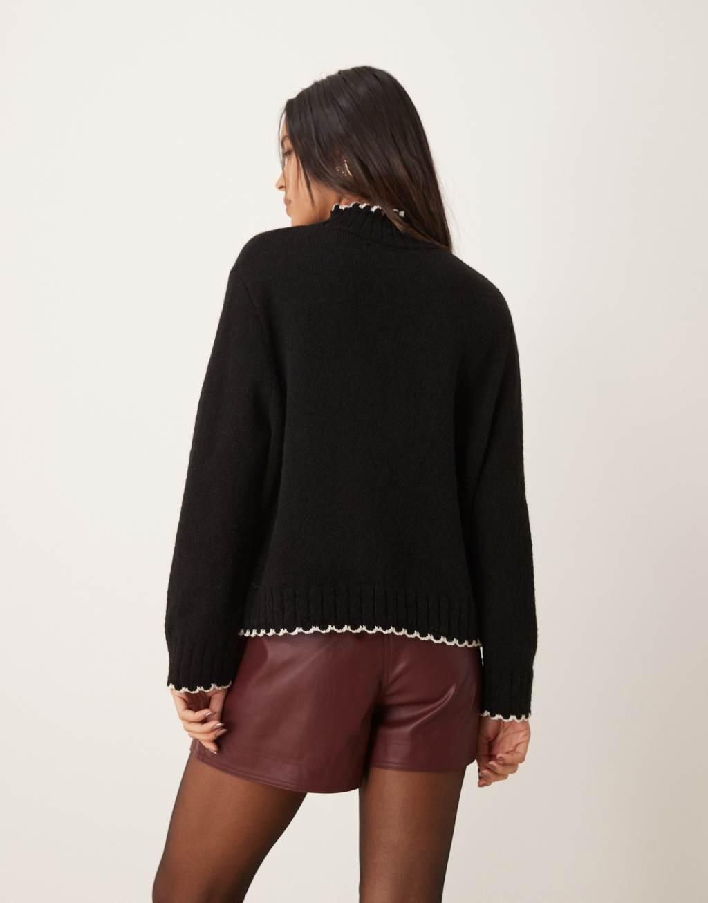 ASOS DESIGN blanket stitch high neck sweater in black Product Image