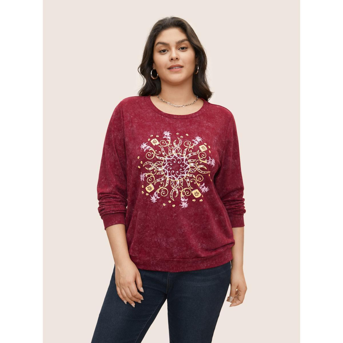 Plus Size Vintage Horoscope Print Round Neck Sweatshirt Women Burgundy Casual Non Everyday Sweatshirts BloomChic 14-16/1X Product Image