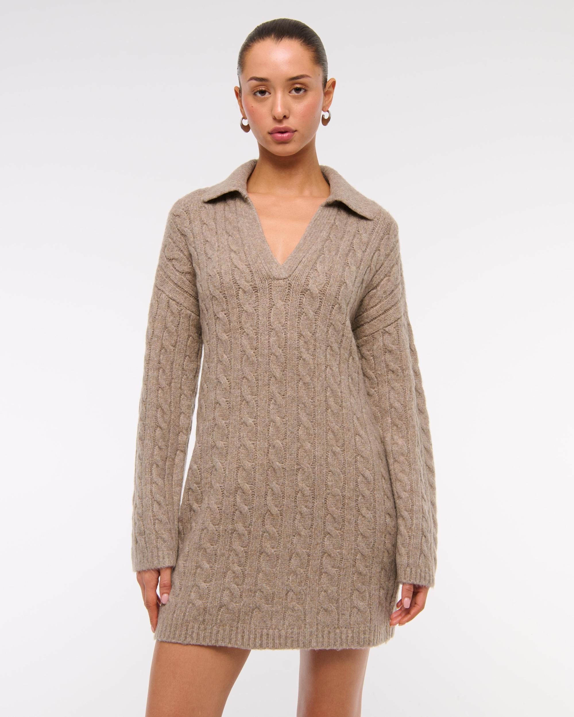 Long-Sleeve Collared Mini Sweater Dress Product Image