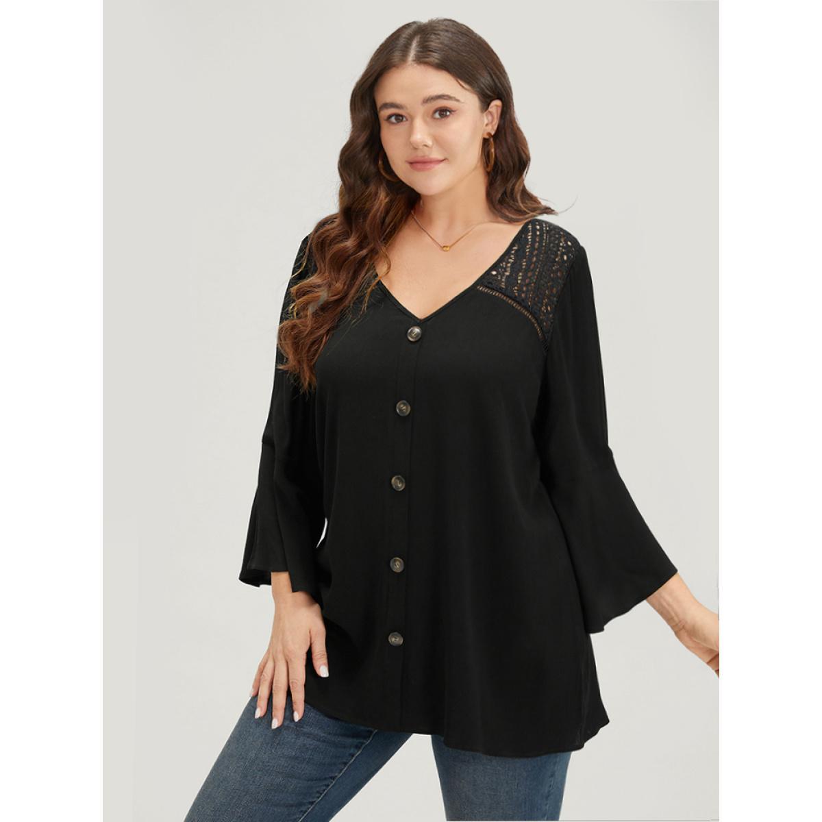 Plus Size Black Plain Crochet Lace Button Detail Bell Sleeve Blouse Women Elegant Elbow-length sleeve V-neck Dailywear Blouses BloomChic 18-20/2X Product Image