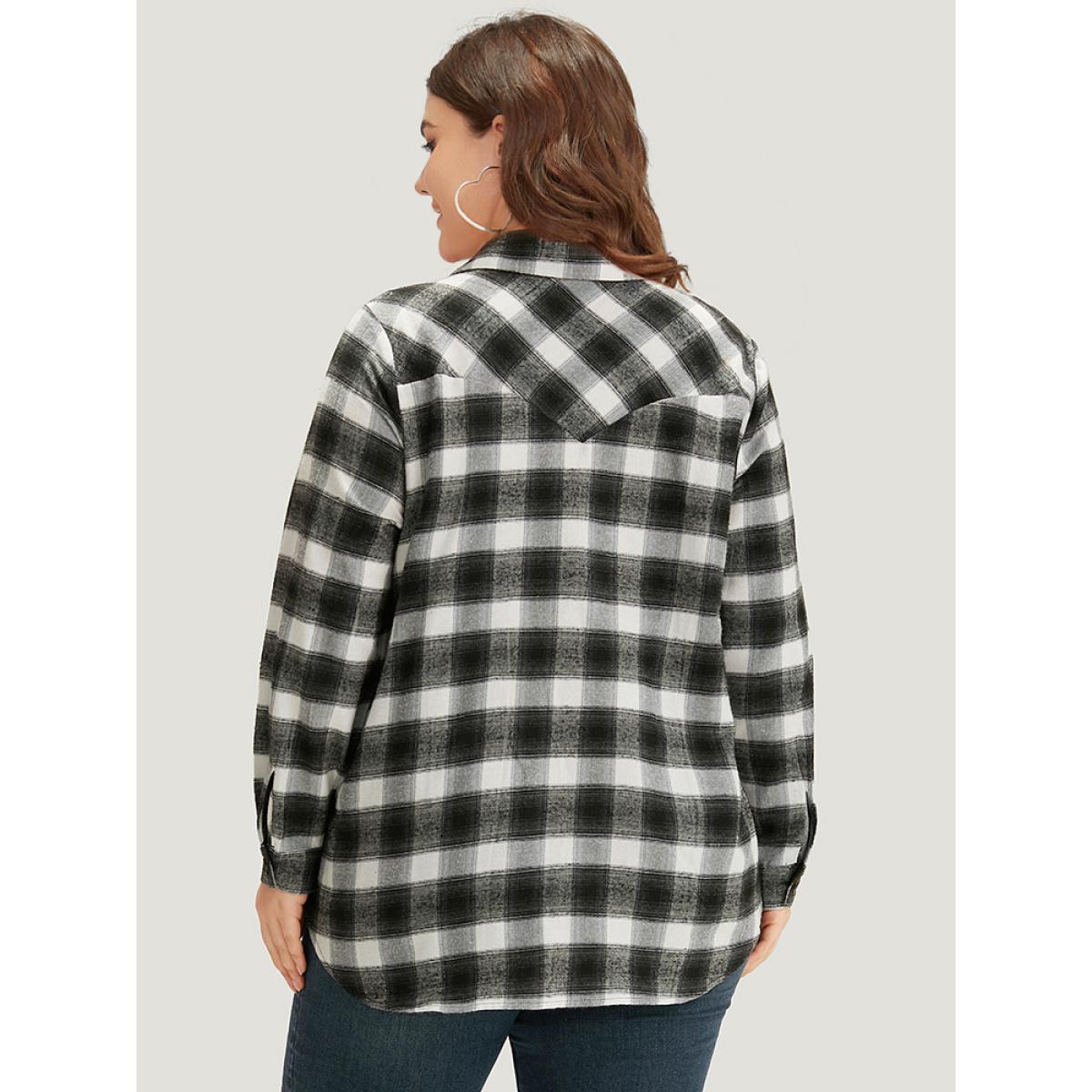 Plus Size Plaid Arc Hem Pocket Button Through Shirt Collar Coat Women Black Casual Arc Hem Ladies Dailywear Winter Coats BloomChic 12/L Product Image