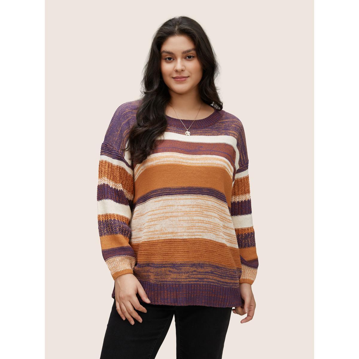 Plus Size Colorblock Heather Drop Shoulder Loose Pullover Multicolor Women Casual Loose Long Sleeve Round Neck Dailywear Pullovers BloomChic 18-20/2X Product Image
