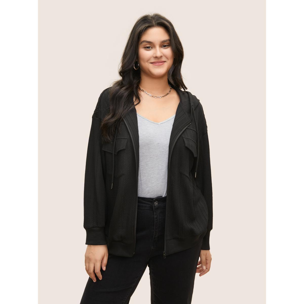 Plus Size Plisse Drawstring Hooded Flap Pocket Front Jacket Women Black Non Patch pocket Everyday Jackets BloomChic 18-20/2X Product Image