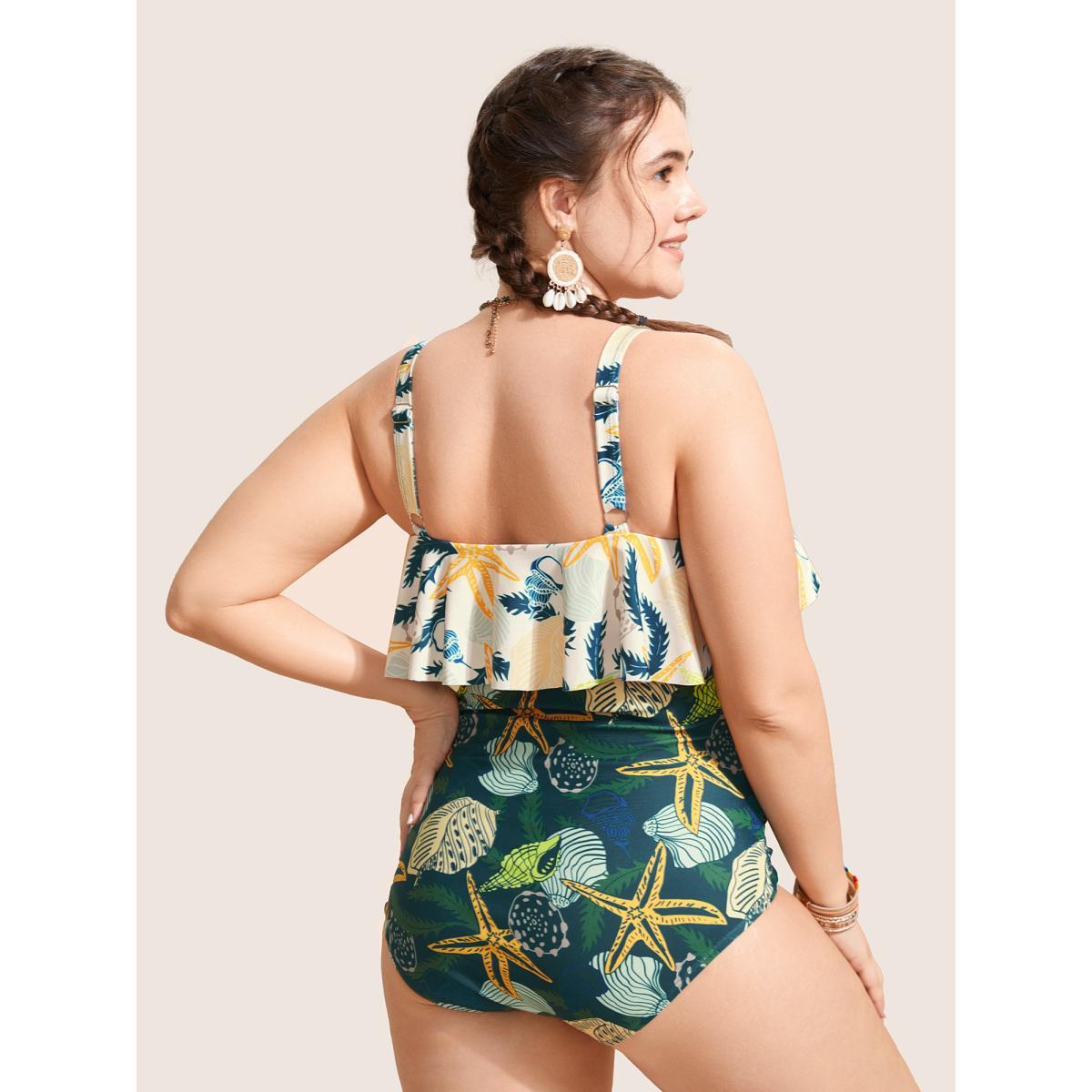 Plus Size Marine Elements Tiered Ruffles One Piece Swimsuit Women's Swimwear Beige Beach Gathered Curve Bathing Suits High stretch One Pieces BloomChic 30/6X Product Image