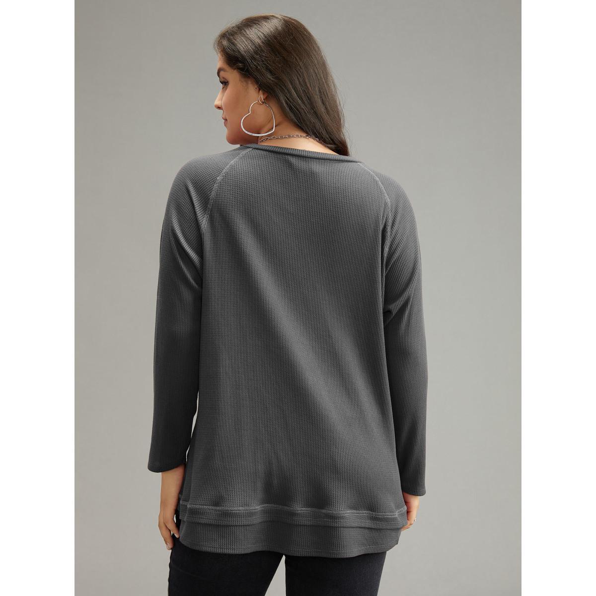 Plus Size Plain Textured Stitch Raglan Sleeve Sweatshirt Women DarkGray Casual Plain V-neck Everyday Sweatshirts BloomChic 18-20/2X Product Image
