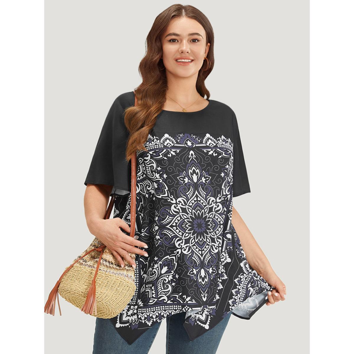Plus Size Indigo Boho Print Crew Neck Flutter Sleeve Hanky Hem Blouse Women Vacation Short sleeve Round Neck Dailywear Blouses BloomChic 26/4X Product Image