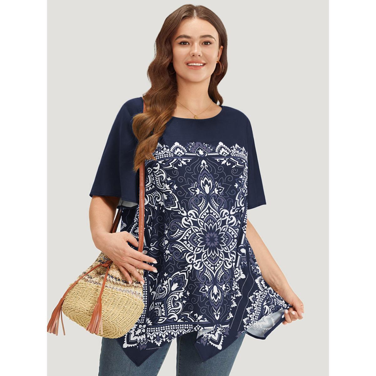 Plus Size Indigo Boho Print Crew Neck Flutter Sleeve Hanky Hem Blouse Women Vacation Short sleeve Round Neck Dailywear Blouses BloomChic 26/4X Product Image
