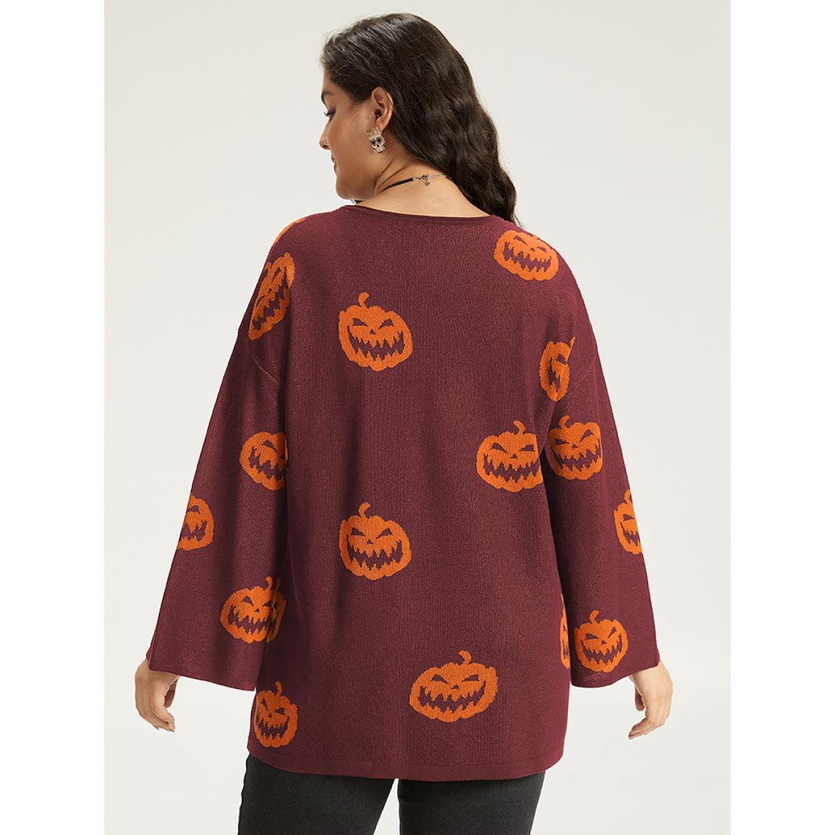 Plus Size Halloween V Neck Bell Sleeve Pullover Burgundy Women Casual Loose Long Sleeve V-neck Dailywear Pullovers BloomChic 30/6X Product Image