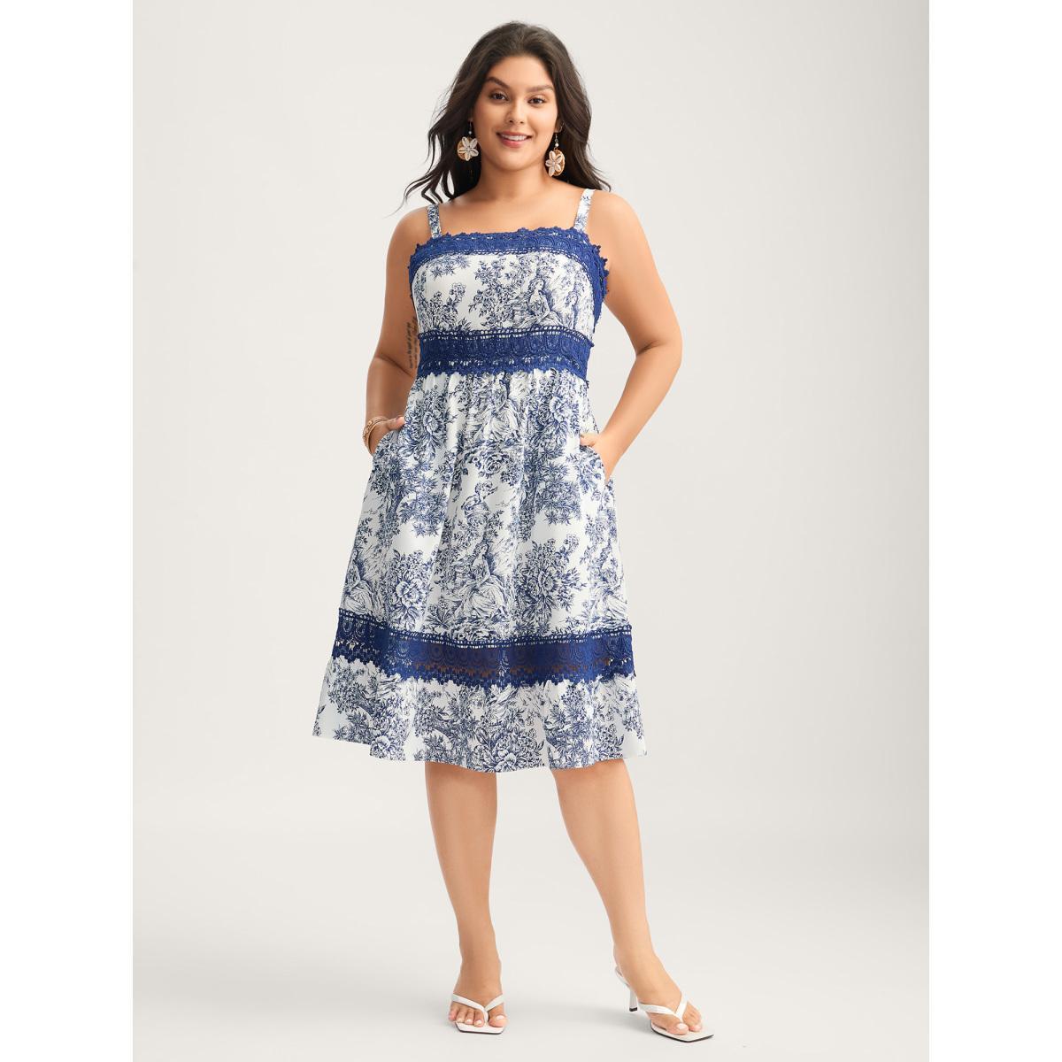Plus Size Floral Dreams Lace Spliced Tiered Midi Dress DarkBlue Women Woven ribbon&lace trim Non Sleeveless Curvy BloomChic 26/4X Product Image