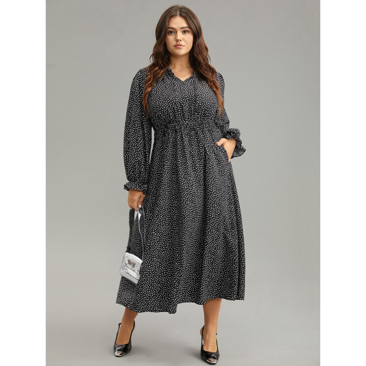 Plus Size Water Drop Print Shirred Frill Trim Tie Neck Dress BlackFlower Women Office Cross straps Tie Neck Long Sleeve Curvy Midi Dress BloomChic 30/6X Product Image