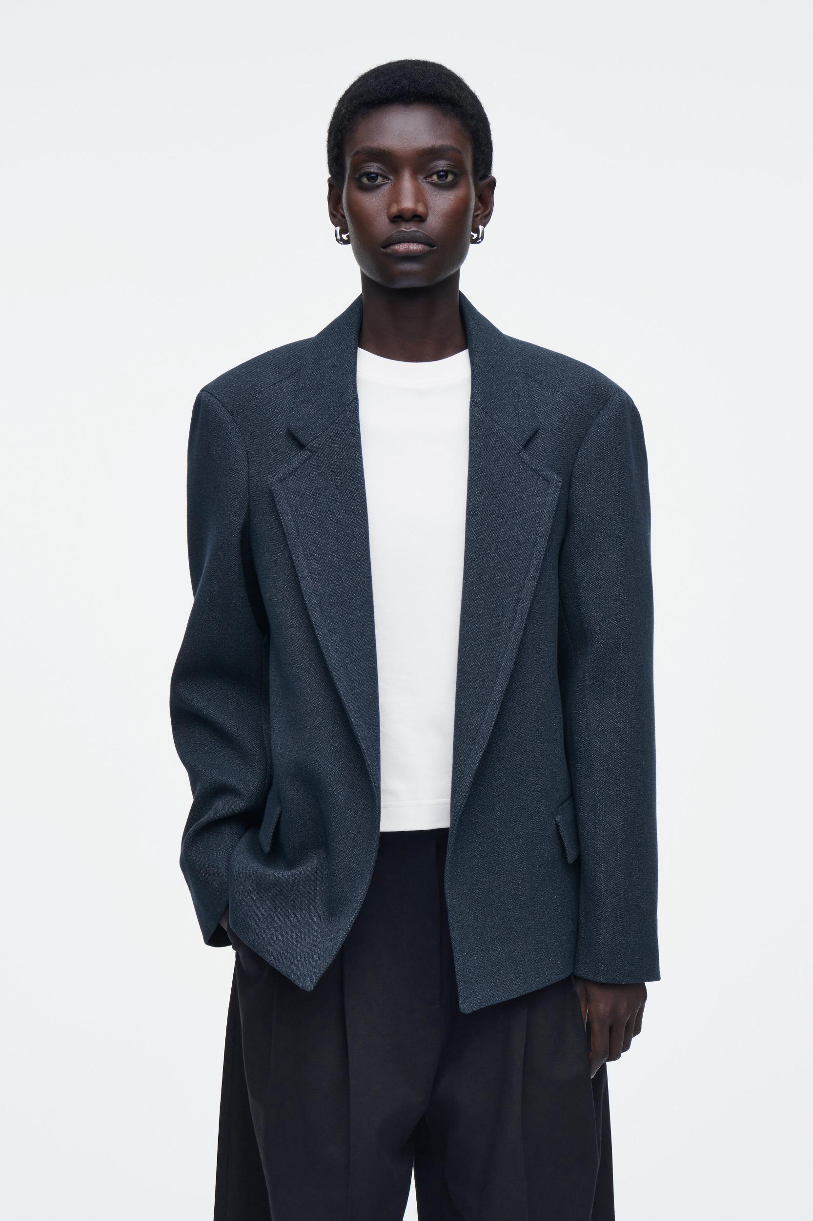 OVERSIZED EXAGGERATED-SHOULDER DENIM-LOOK BLAZER Product Image