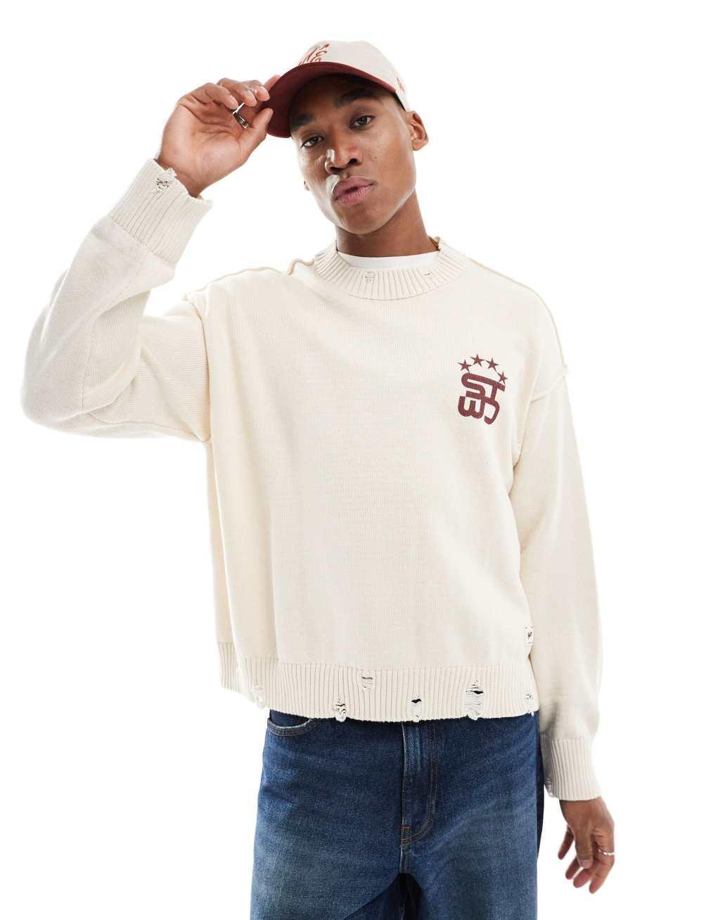 Pull&Bear stwd back printed knitted sweater in white Product Image