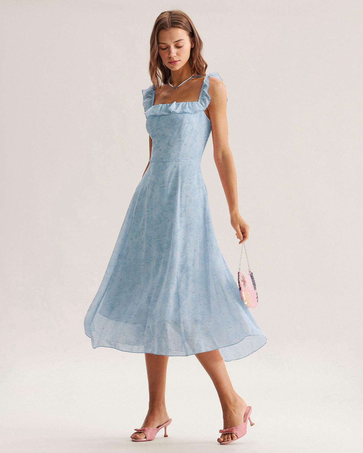 Blue Square Neck Ruffle Midi Dress Product Image