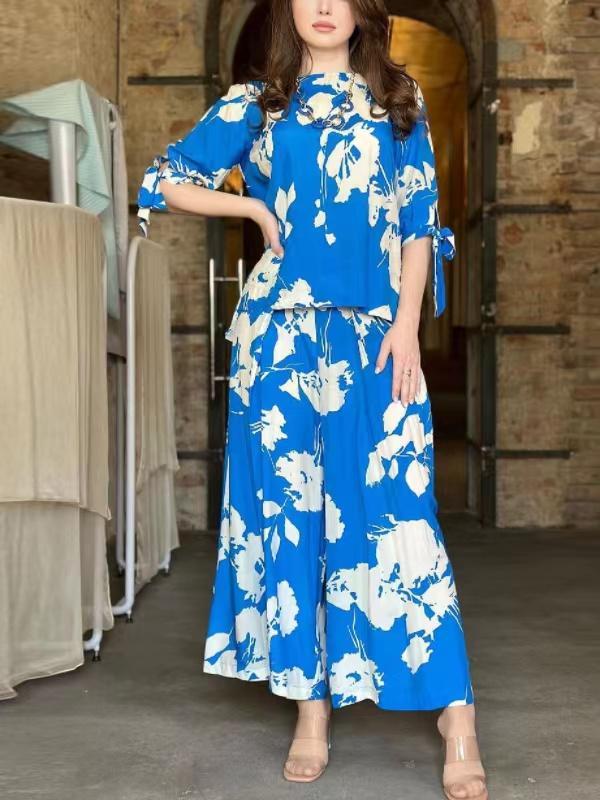 Flower Print Round-Neck Tied T-Shirt&Wide Leg Pants Two Pieces Set Product Image